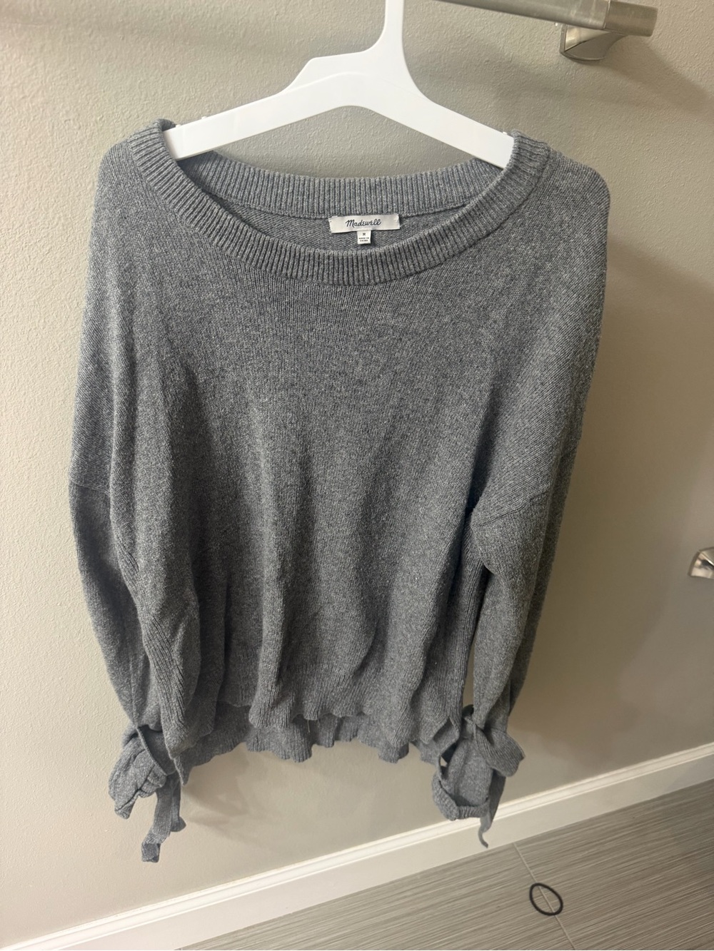 Madewell Heather Gray Tie-Sleeve Crewneck Sweater